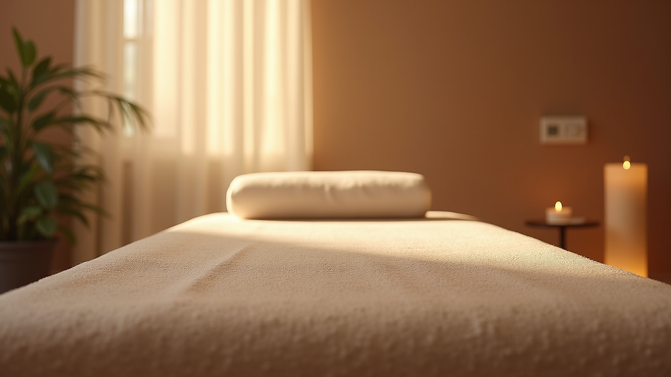 Eye-level view of a serene massage room with soft lighting and a neatly arranged massage table