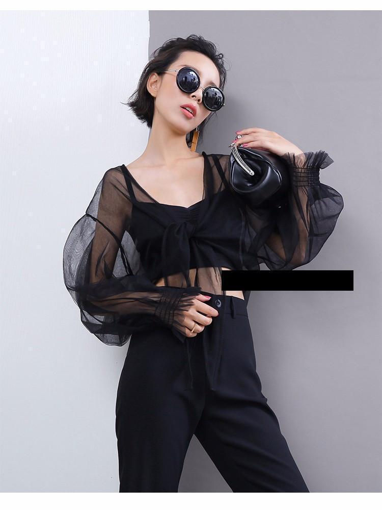 Thumbnail: Women's Ariosto Jasmine Long V-Neck Crop Top - Sheer Black