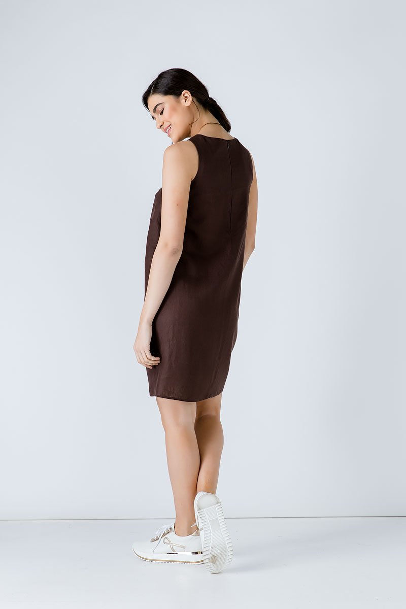 Thumbnail: Women's Linen Brown Colour Sleeveless Sack Dress