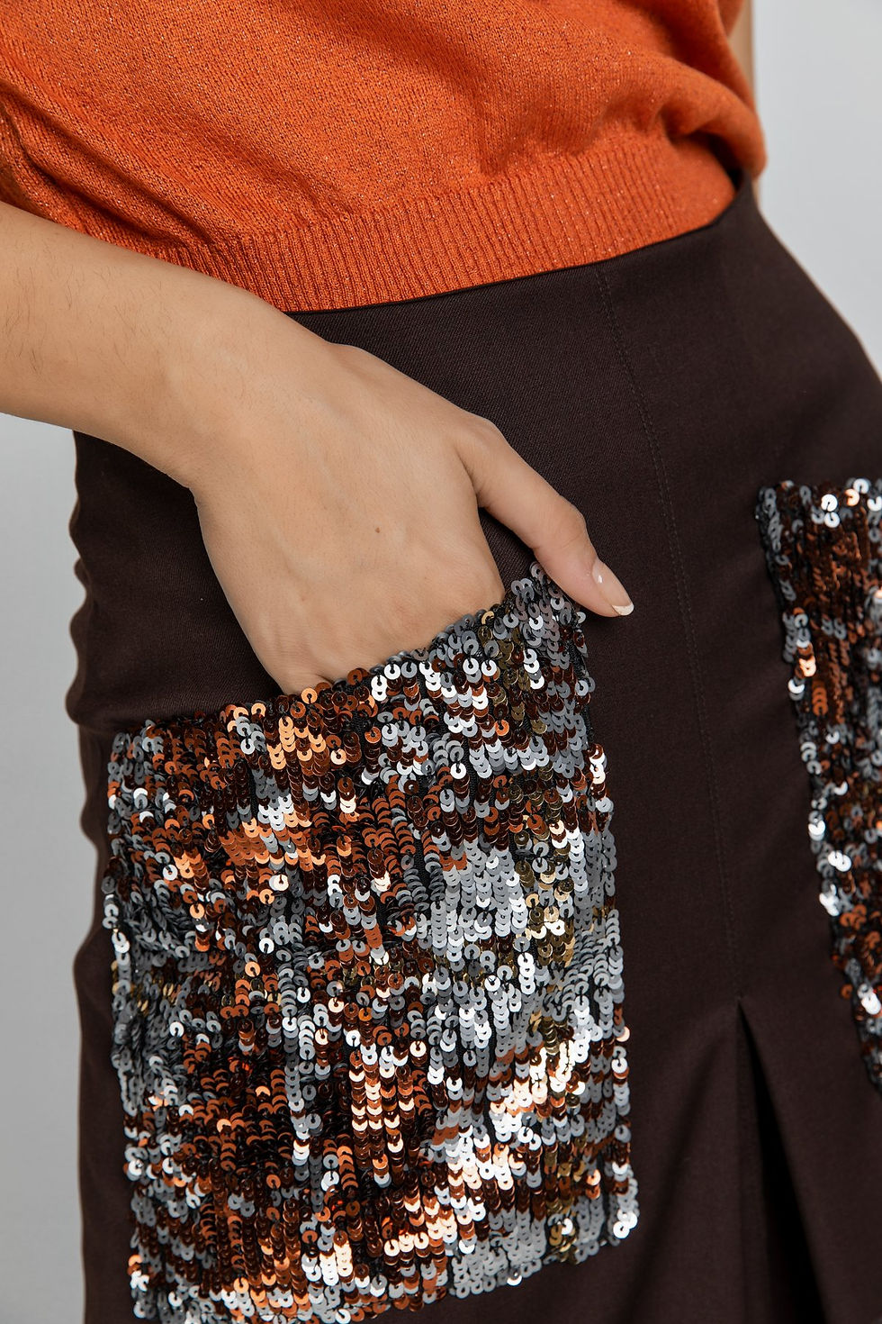 Thumbnail: Women's Brown A-Line Midi Skirt with Multi-Coloured Sequin Pockets