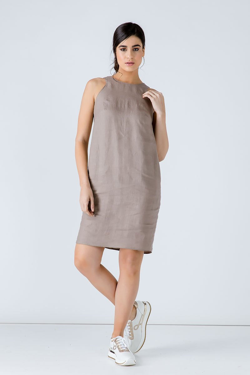 Thumbnail: Women's Woven Linen Taupe Colour Sleeveless Sack Dress