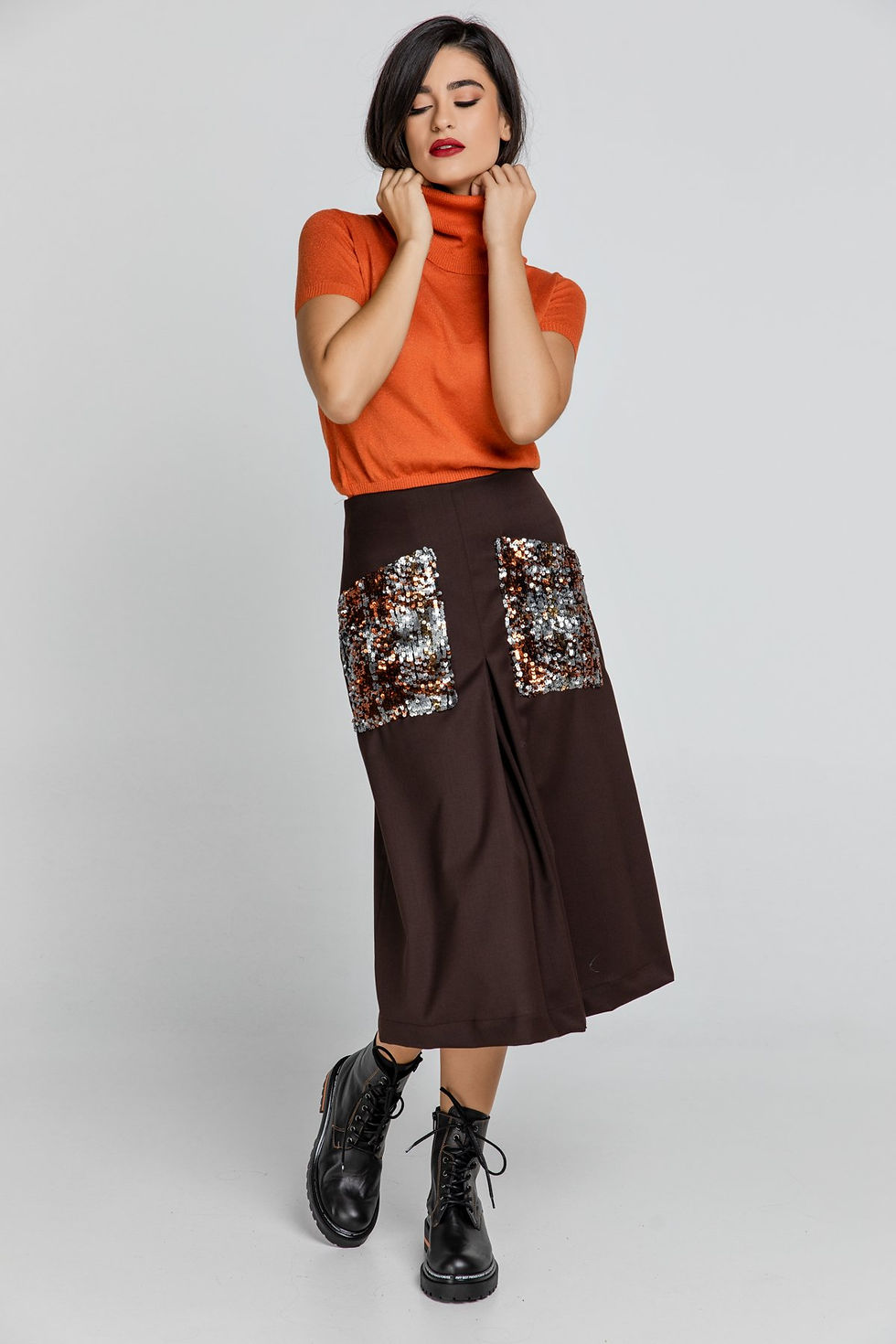 Thumbnail: Women's Brown A-Line Midi Skirt with Multi-Coloured Sequin Pockets