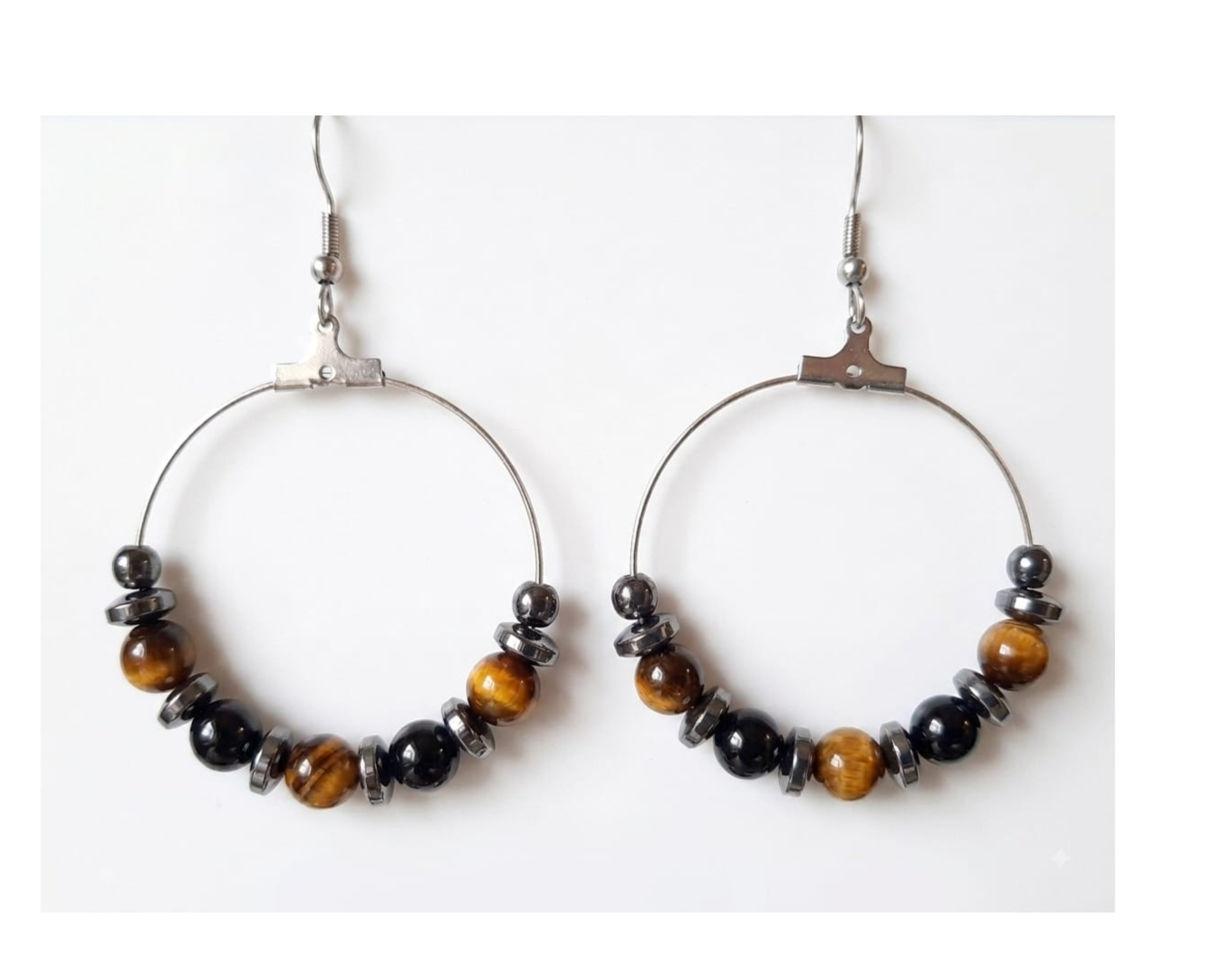 Boucles d’oreilles créoles Oeil de Tigre, Obsidienne & Hématite
