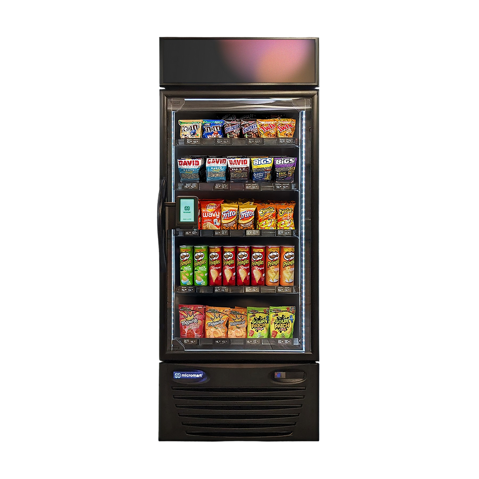 Front view of modern smart cooler stocked with snacks and chips.