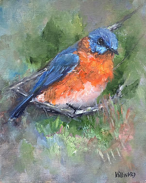 Oil painting of an Eastern bluebird perched on a branch with vibrant blue and orange plumage against a soft green and blue-grey background