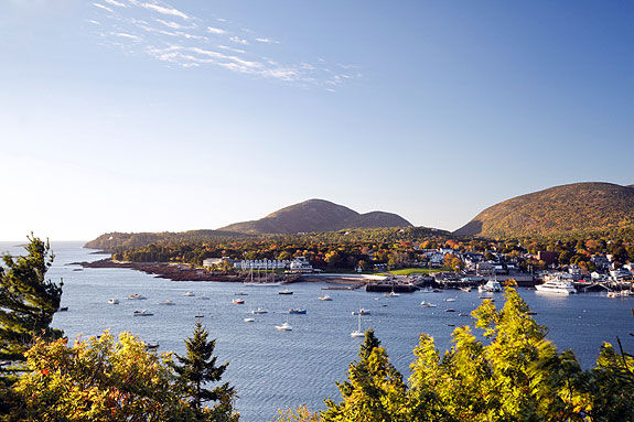 image of Bar Harbor ME with water boats hills and trees
