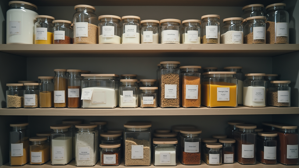 High angle view of organised kitchen shelves with labelled containers