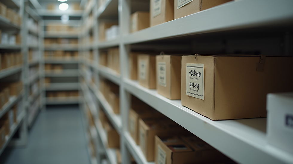Close-up view of neatly organised shelves with labelled storage boxes