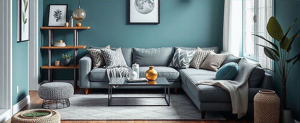 Brightly lit living room with sofa throws and teal coloured wall.