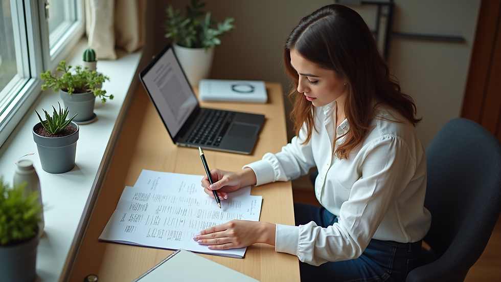 High angle view of a professional organiser arranging items in a tidy London home office