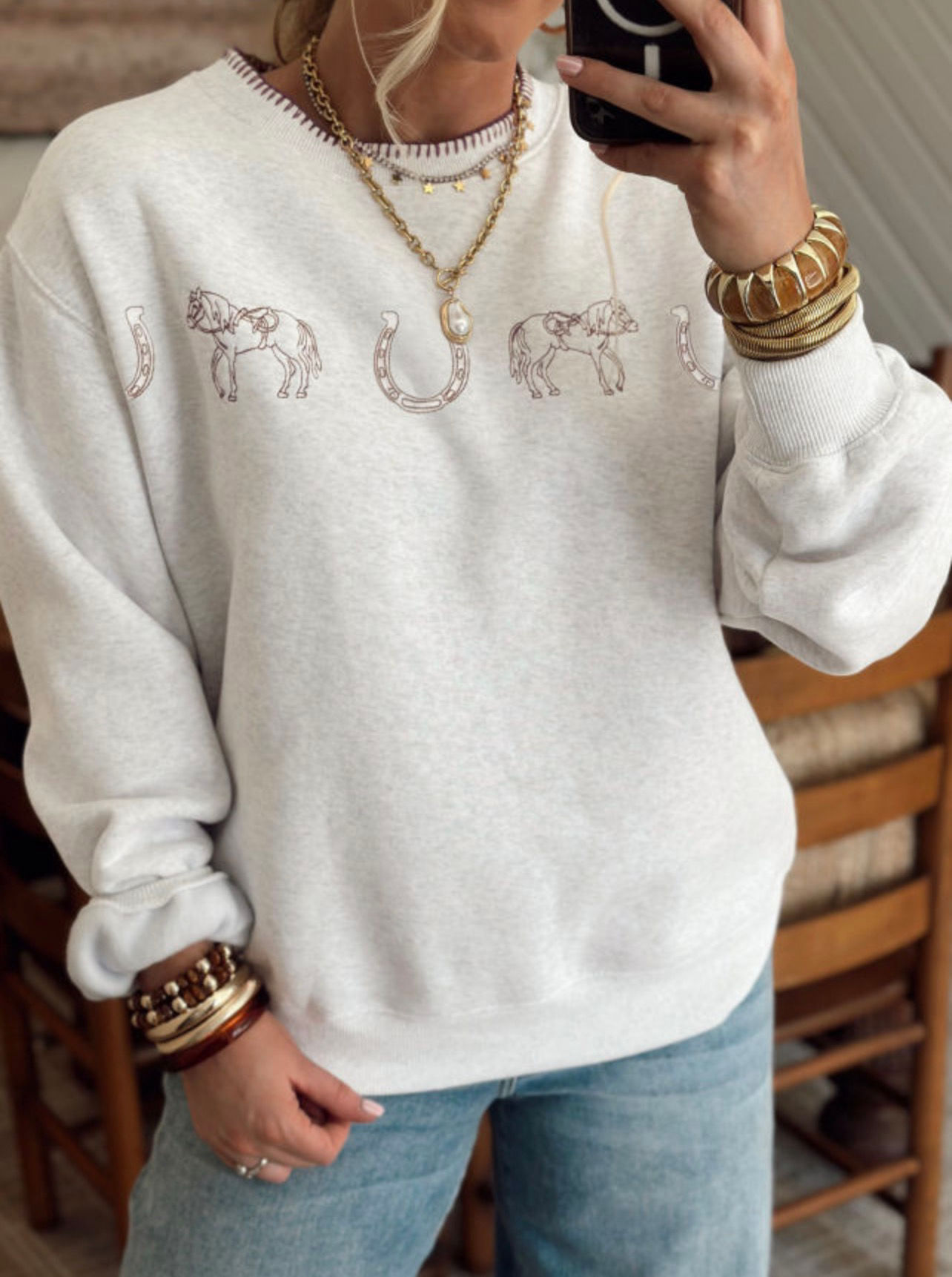 Embroidered Western Crew