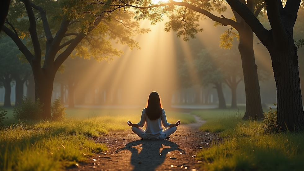 Plano cercano de una persona meditando en un espacio natural con árboles y luz suave