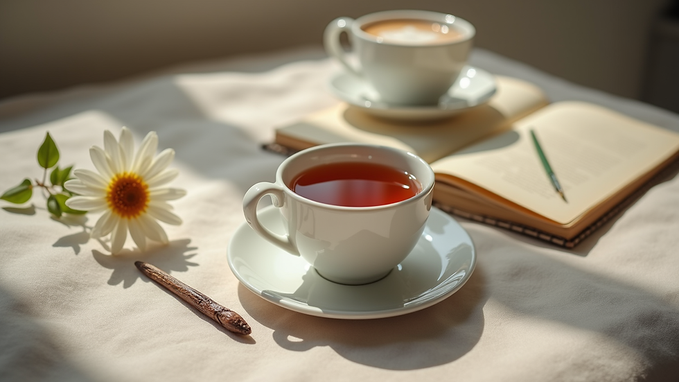 Vista a nivel de una taza de té junto a un cuaderno y una pluma