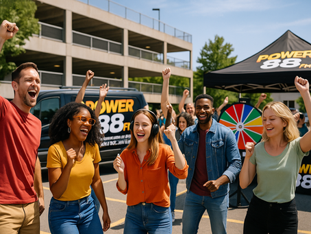 A group of people dancing in a parking lot next to a Power 88 dot FM canopy and van.