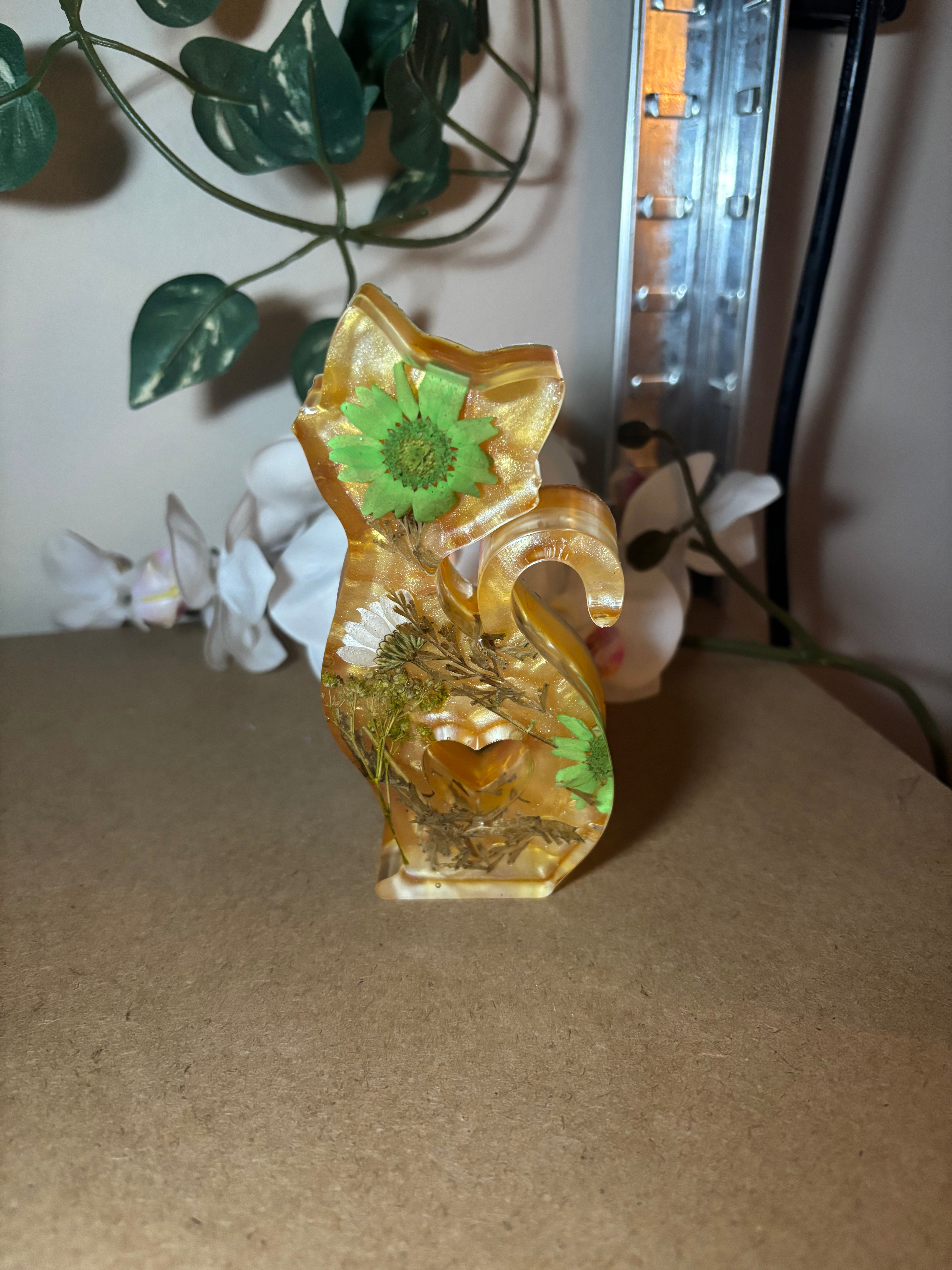 STATUETTE CHAT FLEURS VERTES