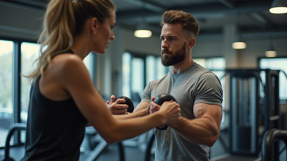 Eye-level view of a personal trainer assisting a client