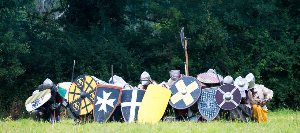 Groupe de combattant en armure médiévales regroupé dans un champs. 