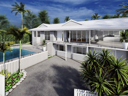 Concept render of a raised coastal home with a wide covered balcony, pool and tropical landscaping.