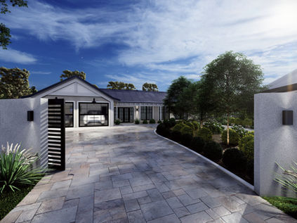 Concept render of a landscaped driveway leading through a gated entrance to a gabled home.