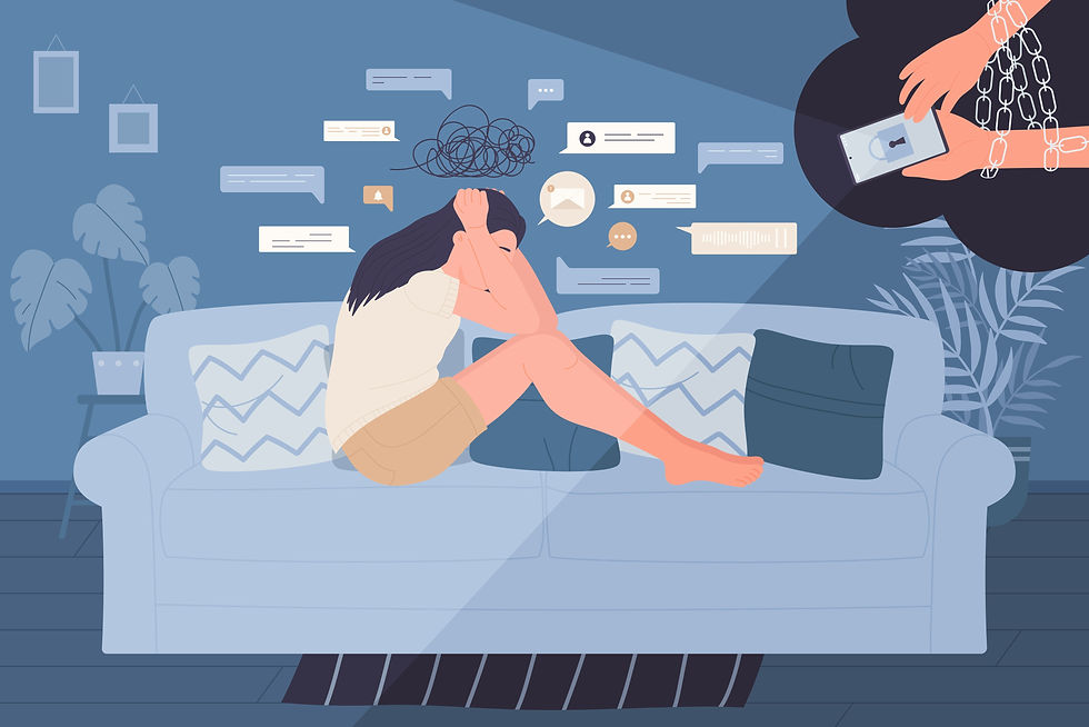 Illustration of a young girl in distress as several social media chat bubbles surround her