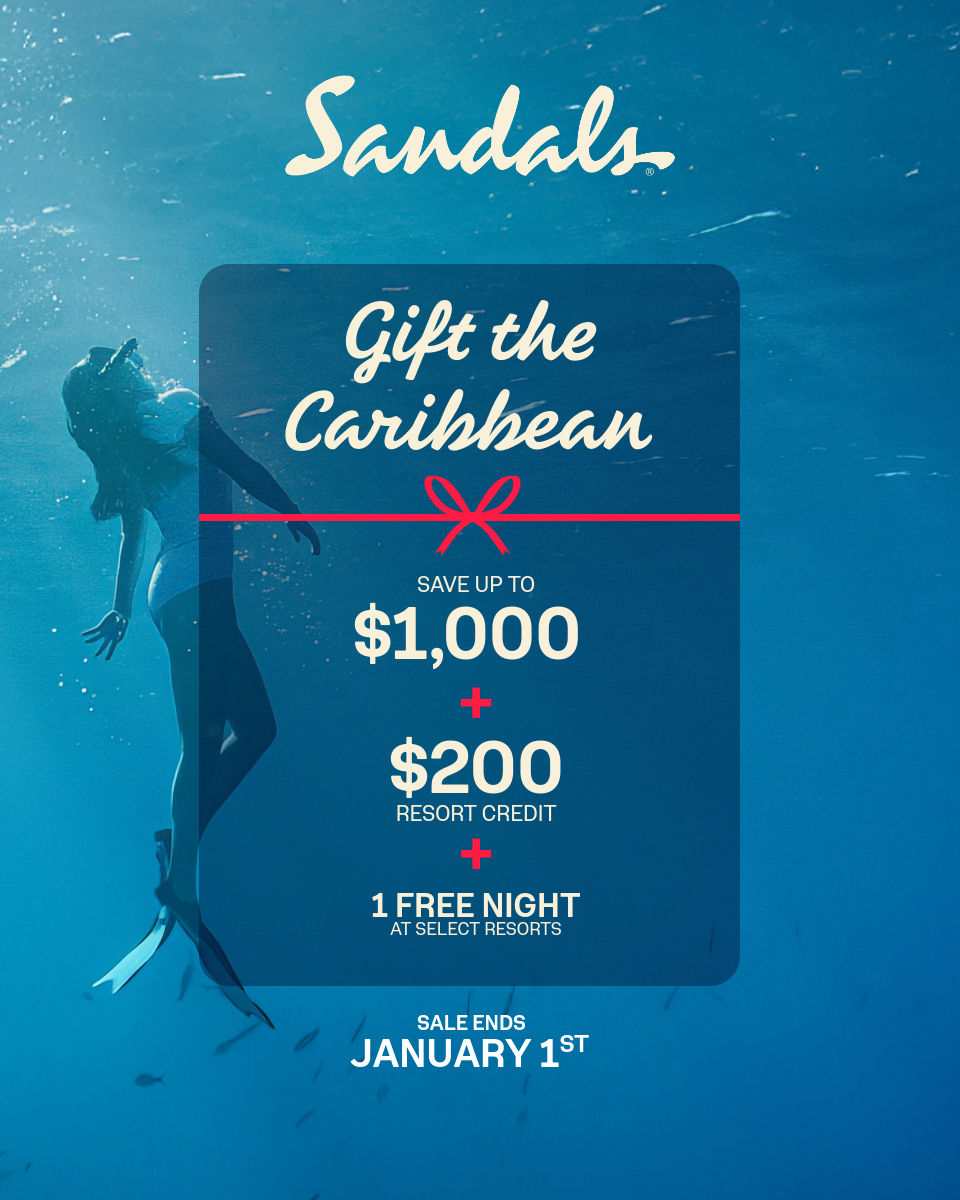 Underwater scene of a snorkeler with text: "Sandals. Gift the Caribbean." Offers up to $1,000 savings, $200 credit, and 1 free night. Sale ends January 1st.