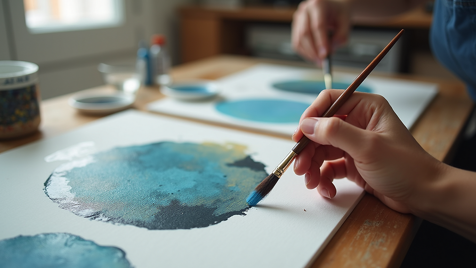 Eye-level view of artist's hand painting abstract shapes on canvas