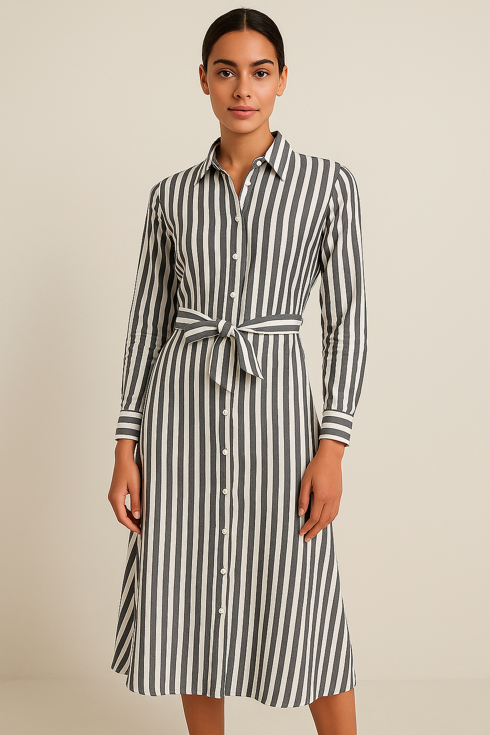 Vestido Longo Listrado Elegante com Cinto