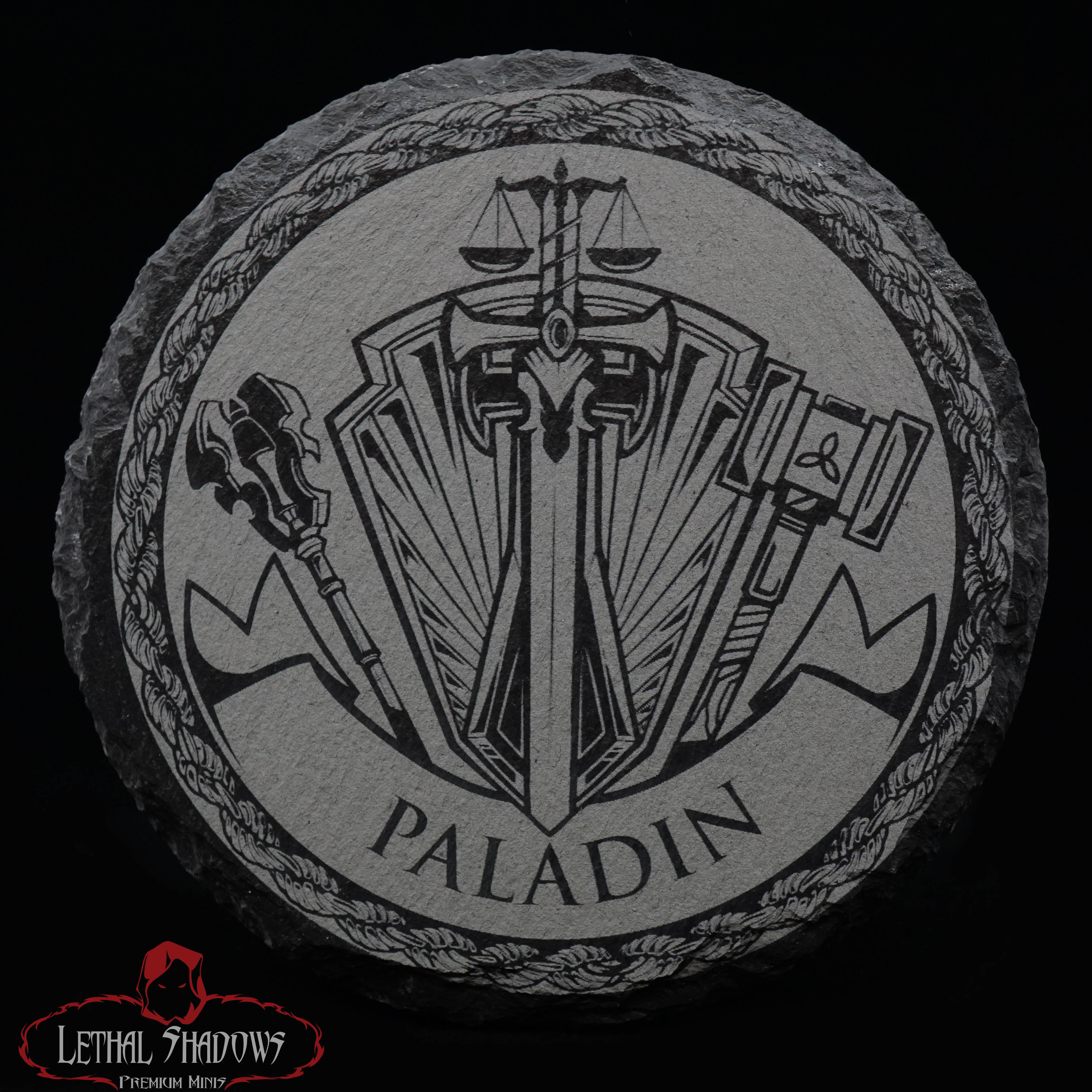 Paladin emblem: sword, scales, hammer, and text