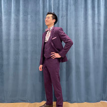 Purple Heathered Wool Three-Piece Suit with Seam Hidden Pockets and Pink Silk Bow Tie and Pocket Square.