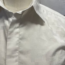White on White Patterned Cotton Men's Dress Shirt with Covered Button Stand.