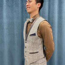 Wool Grey Herring Bone and Beige Plaid with Coloured Flecks Waistcoat with Grey Leather Lapels and Pocket Welts.