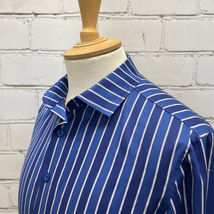 Blue and White Stripped Cotton Men's Dress Shirt with Exposed Button Stand.