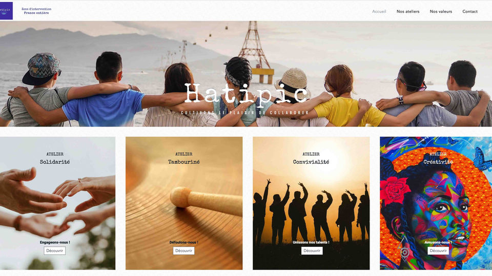 Site créé par ORhizome, page d'accueil du site internet Hatipic, spécialisé dans le team Building (cohésion d'équipe).