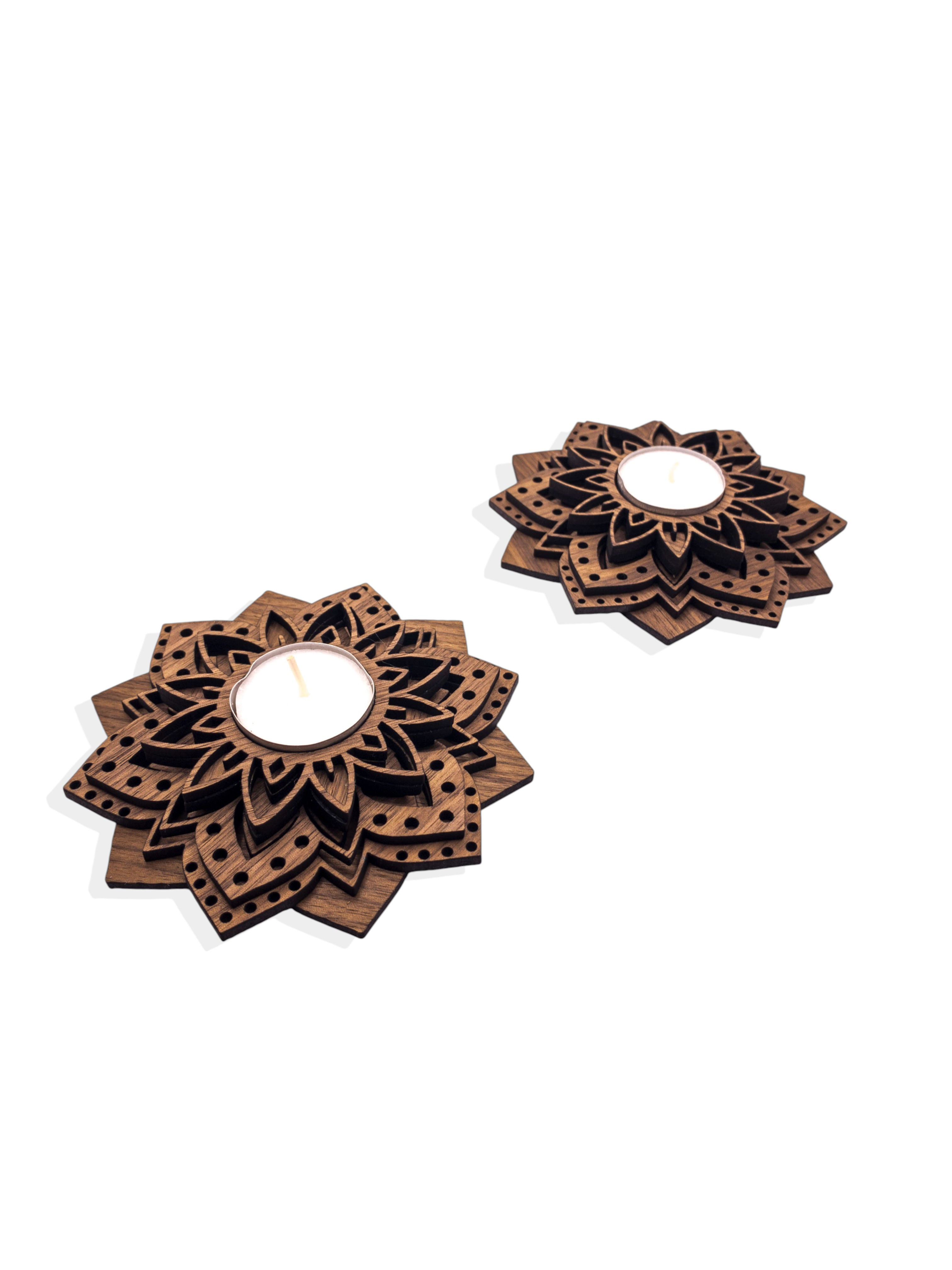 Handcrafted Wooden Mandala Tealight Holders Layered Design