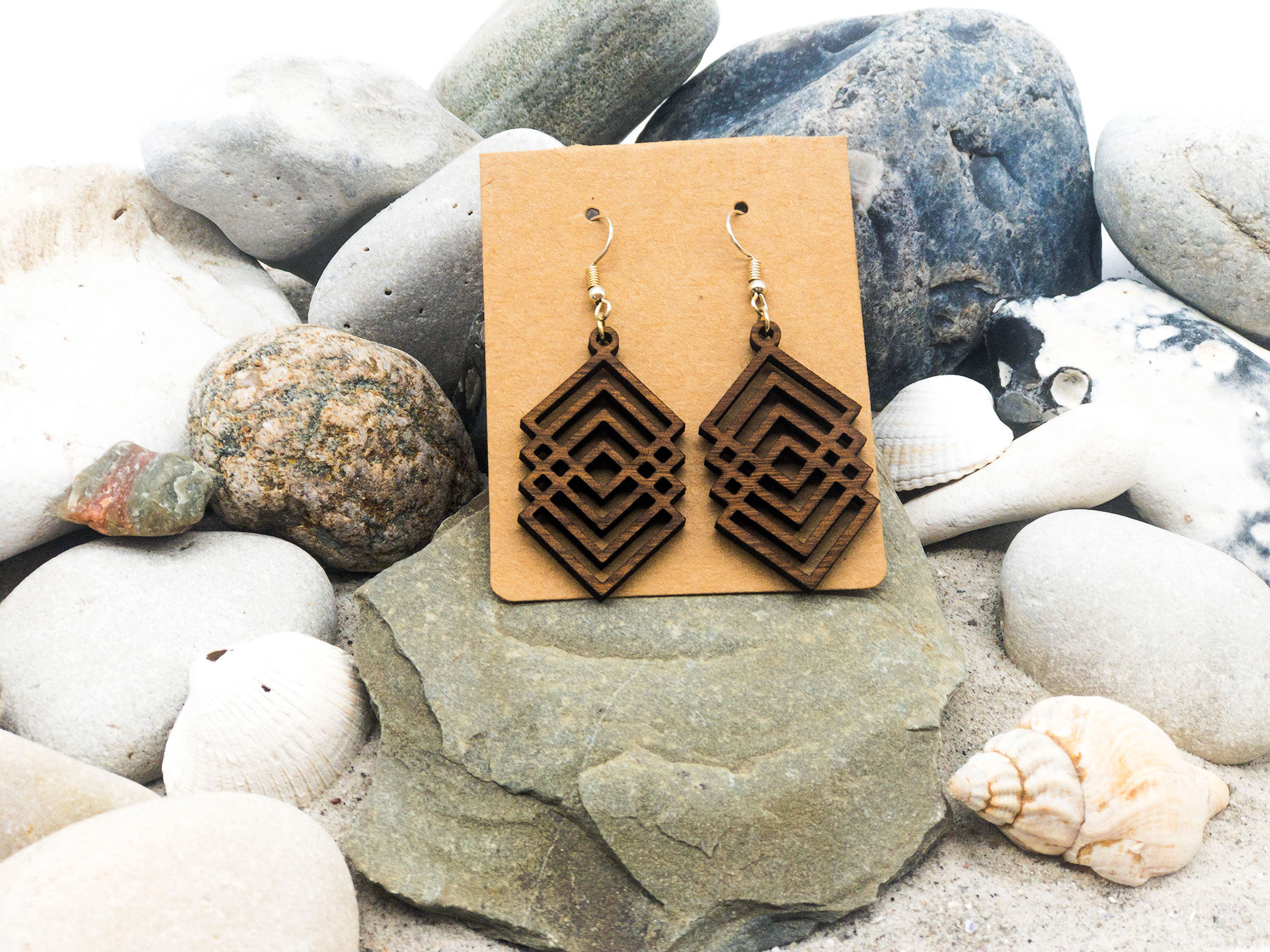 Abstract Geometric Earrings Interlocked Squares Handmade Wooden Earrings Denmark