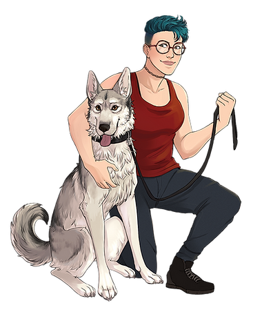 Female dog trainer with a husky malamute mutt sitting with good obedience for dog training