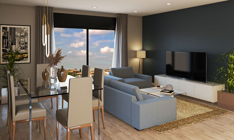 Vista aérea de un render 3D de interiorismo moderno con iluminación natural
