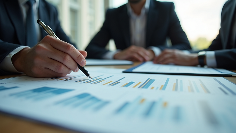 High angle view of a business meeting with financial charts on a table