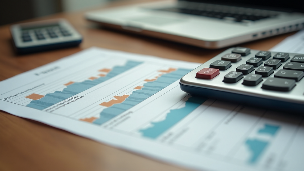 Close-up view of a calculator and financial documents on a wooden table