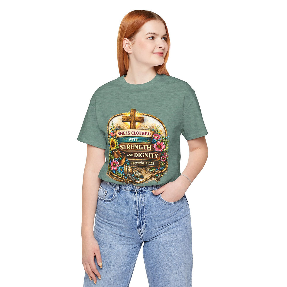 Thumbnail: She Is Clothed With Strength and Dignity T-Shirt | Proverbs 31 Christian Tee