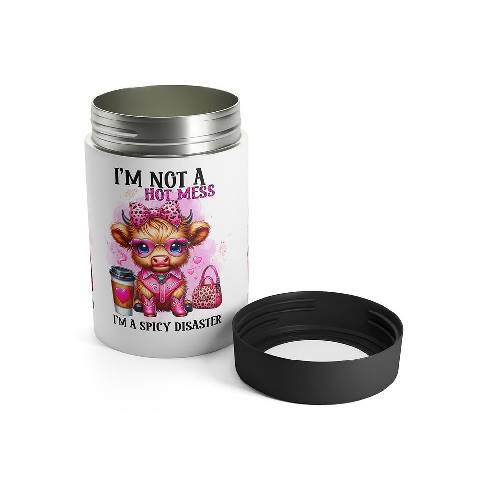 Thumbnail: Funny 'I'm Not a Hot Mess, I'm a Spicy Disaster' Highland Cow 12oz Can Holder