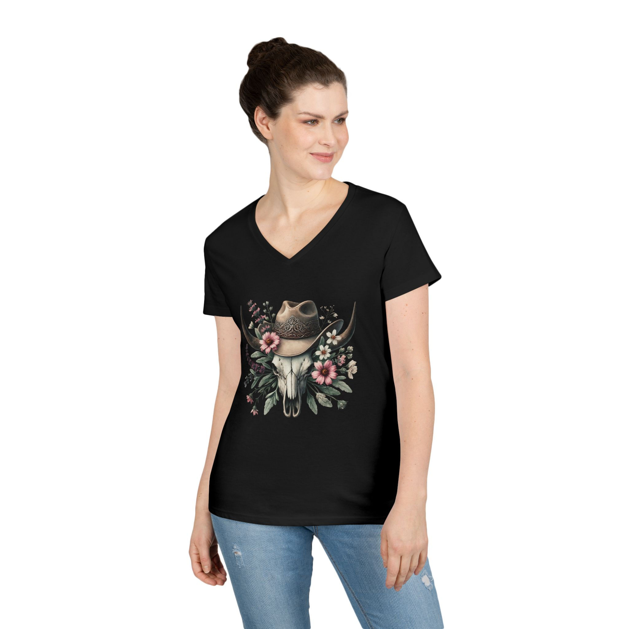 Southwest Skull & Flowers Ladies' V-Neck T-Shirt
