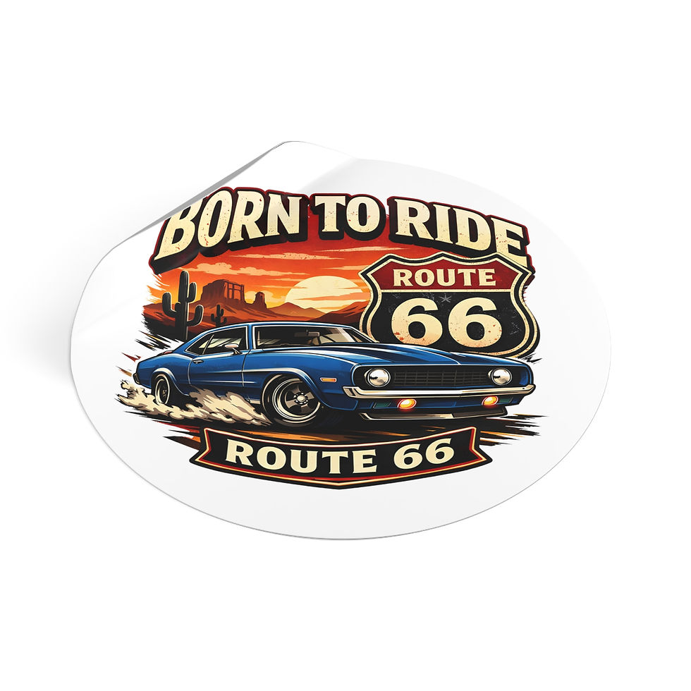 Thumbnail: Born to Ride Route 66 Round Vinyl Sticker | Classic Muscle Car Decal