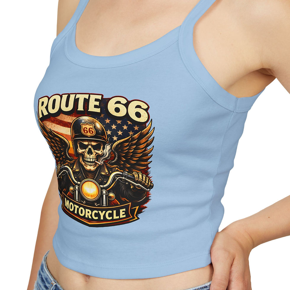 Thumbnail: Route 66 Motorcycle Crop Tank Top — Vintage Skull & Wings Biker Design