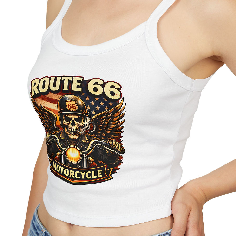 Thumbnail: Route 66 Motorcycle Crop Tank Top — Vintage Skull & Wings Biker Design