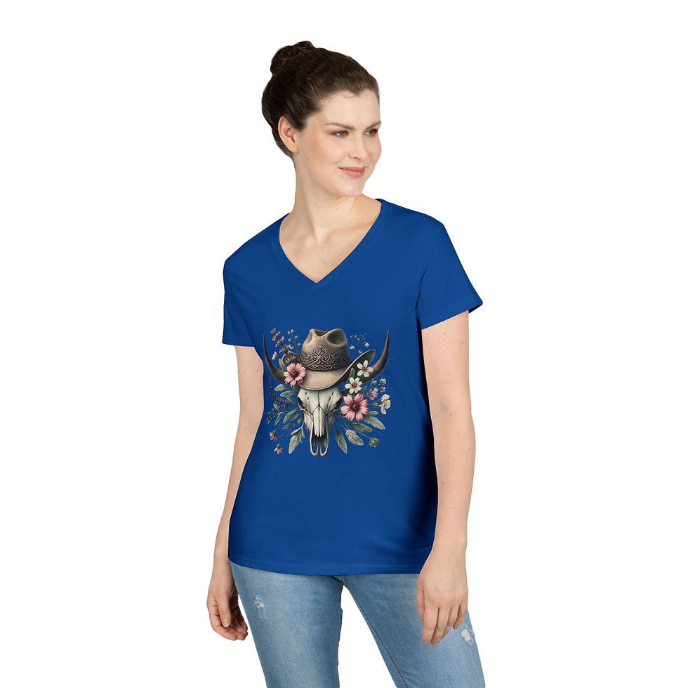 Thumbnail: Southwest Skull & Flowers Ladies' V-Neck T-Shirt