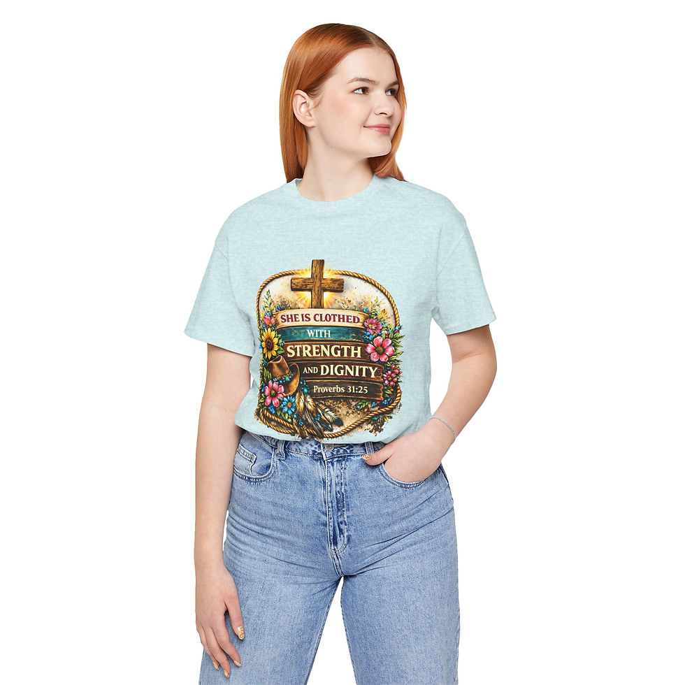 Thumbnail: She Is Clothed With Strength and Dignity T-Shirt | Proverbs 31 Christian Tee