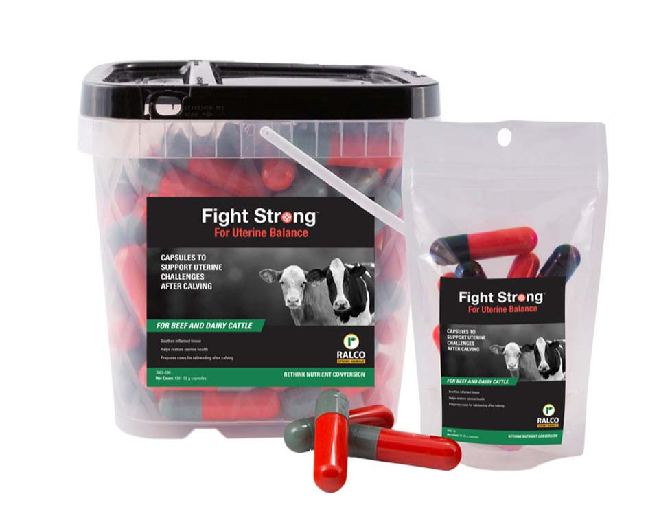 Fight Strong for Uterine Balance packaging. A natural capsule that helps sooth inflamed uterine tissue in cows and restore uterine health after calving.