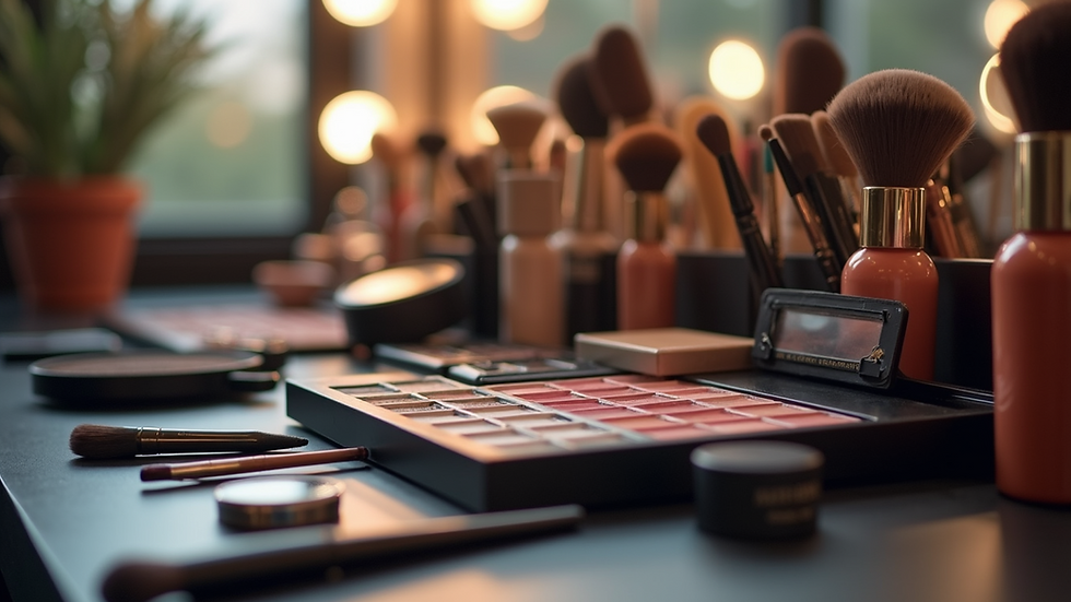 Eye-level view of a modern makeup station arranged with professional tools