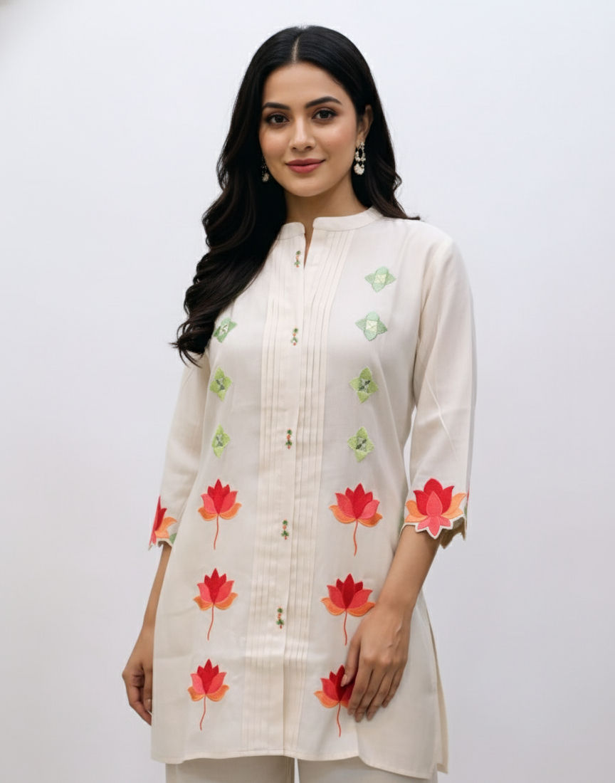 White Embroidered Lotus Floral Kurta Pant | Hand-Painted Botanical Co-ord Suit